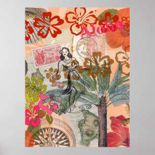 Poster Vintage Flowers Hula Colorful Hawaiian Tropical