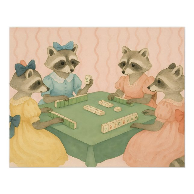Póster Vintage Fofo Mapaches Jogando Mahjong (Frente)