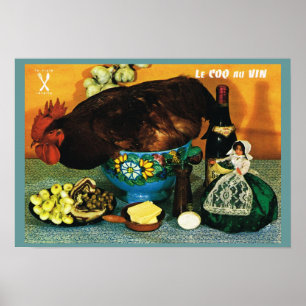 Poster Vintage France, comida, Le Coq au Vin