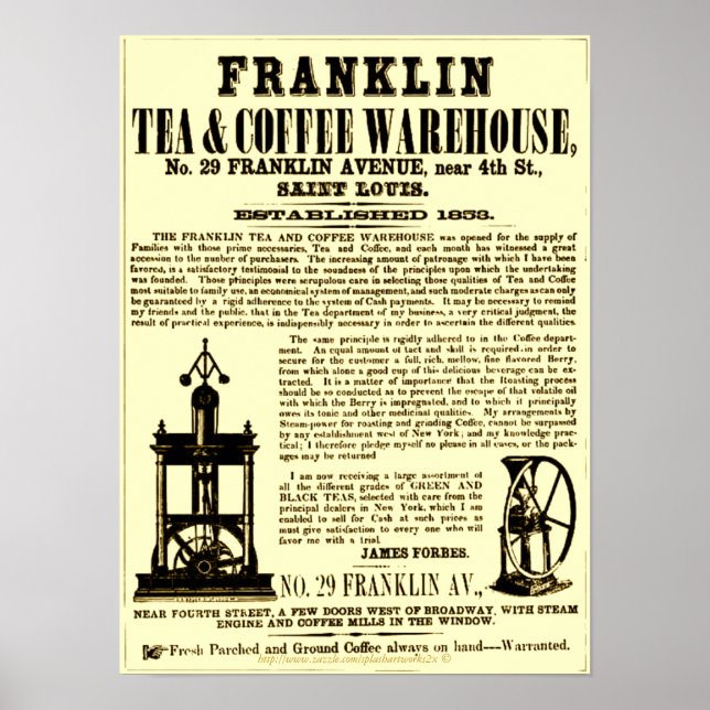 Póster Vintage Franklin Tea & Coffee Broadside 1853 (Frente)