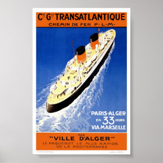 Póster Vintage French Cruise Ship Transatlantique Viagem