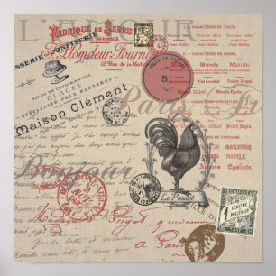 Poster Vintage French Escrevendo Tipografia Paris Rooster