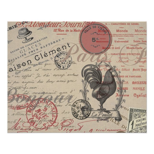 Póster Vintage French Escrevendo Tipografia Paris Rooster (Frente)