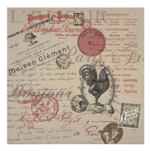 Póster Vintage French Escrevendo Tipografia Paris Rooster