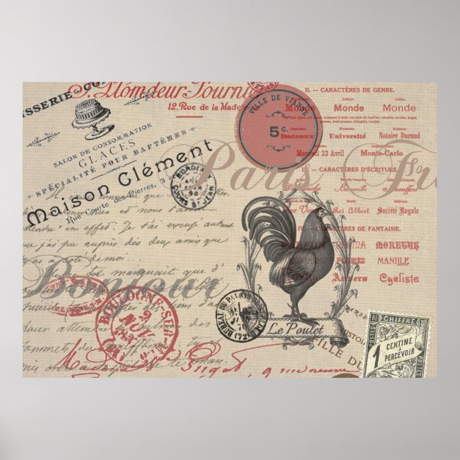 Poster Vintage French Escrevendo Tipografia Paris Rooster (Frente)