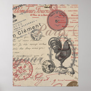 Póster Vintage French Escrevendo Tipografia Paris Rooster