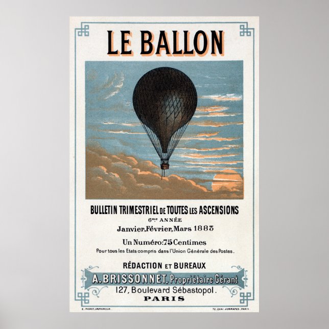 Poster Vintage French Hot Air Balloon Anúncio (Frente)