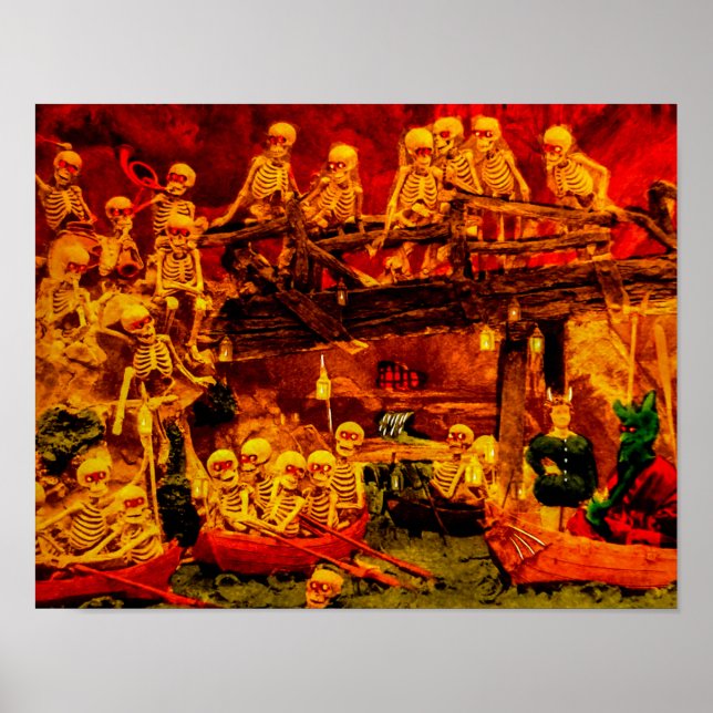 Póster Vintage French Party em Hellsville Skeletons Devil (Frente)