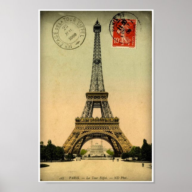 Póster Vintage French Postcard Eiffel Tower Paris França (Frente)