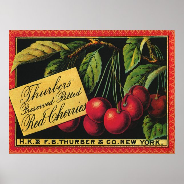 Póster Vintage Fruta Crate Label Art, Thurber Cherries (Frente)