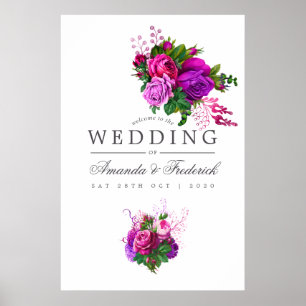 Poster Vintage Fuchsia e Purple Floral Weding Bem-vindo