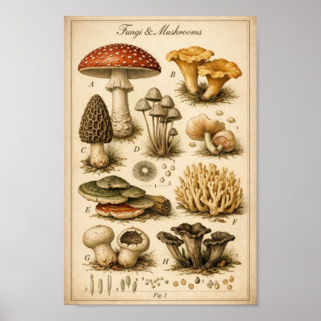 Poster Vintage Fungi Scientific Illustration (Frente)