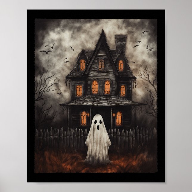 Poster Vintage Ghost Haunted House Midnight Halloween Gho (Frente)