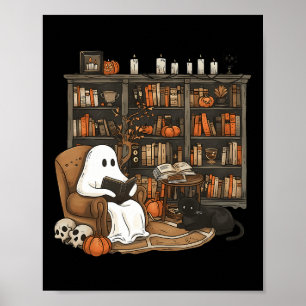 Poster Vintage Ghost Lading Book Lovers Library Hallowee