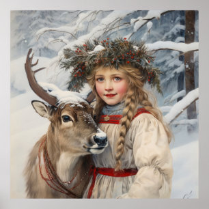 Poster Vintage Girl com Reindeer