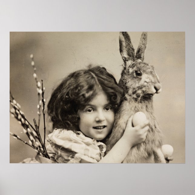 Poster Vintage girl with gian Easter Bunny (Frente)