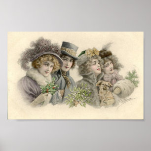 Poster Vintage Girls and Dog Holiday Card