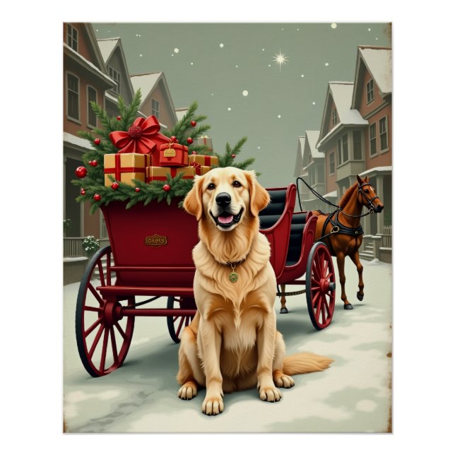 Póster Vintage Golden Retriever Christmas Carriage Illust (Frente)