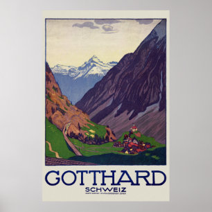 Poster vintage Gotthard Schweiz Suiça 1914