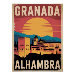 Póster Vintage Granada Alhambra Travel Poster - Sunset