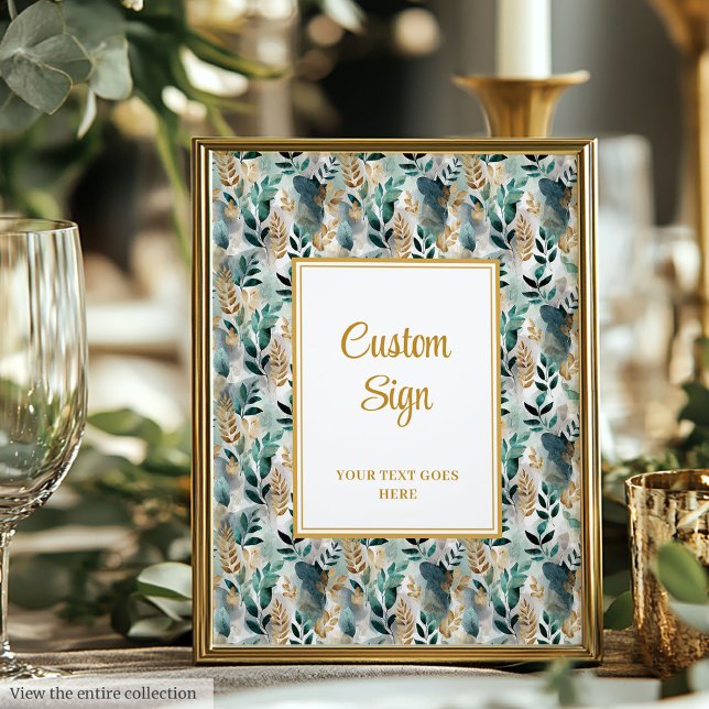 Poster Vintage Green Dourado deixa sinal personalizado de (Vintage Deep Green Gold Leaves Wedding Custom Sign)