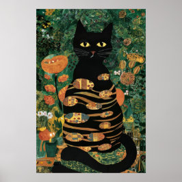 Poster Vintage Gustav Klimt Black Cat em Jardim Flor