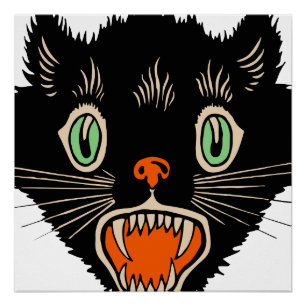 Póster Vintage Halloween Assustado Gato Negro