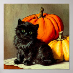 Poster Vintage Halloween Black Cat e Pumpkins