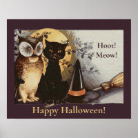 Vintage Halloween Black Cat & Owl Witl Hat Moon