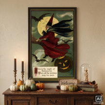 Vintage Halloween Bruxa Andando Broomstick com Cat