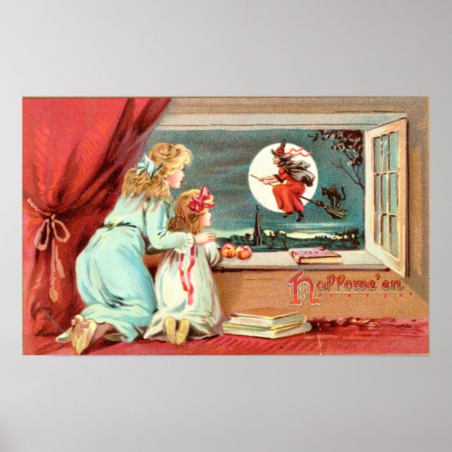 Poster Vintage Halloween Bruxa com Broomstick (Frente)