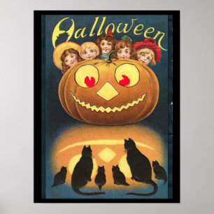 Poster Vintage Halloween Crianças Escondendo-Se Por Trás 