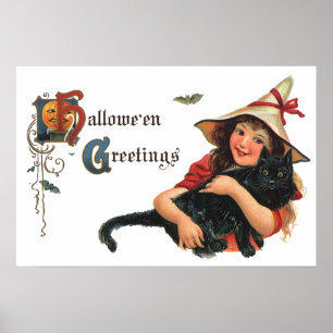 Poster Vintage Halloween Greetings, Child Witch with Cat