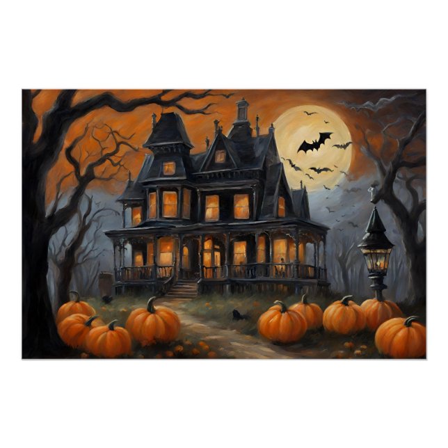 Póster Vintage Halloween House e Full Moon (Frente)