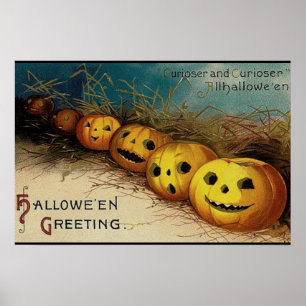 Poster Vintage Halloween Jack O Lanternas em um Campo