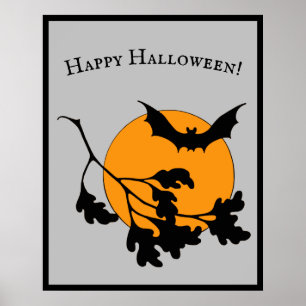 Poster Vintage Halloween Orange Moon Flying Bats
