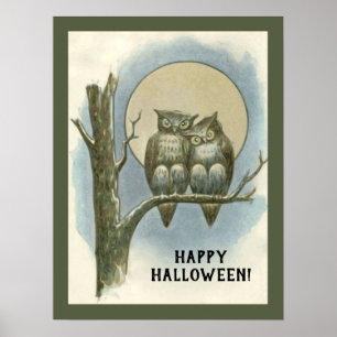 Poster Vintage Halloween Pair de Corujas Sentadas à Noite