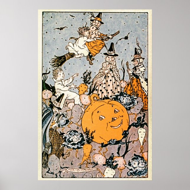 Poster Vintage Halloween Pumpkin e Bruxas com Vassouras (Frente)