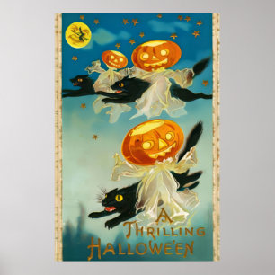 Poster Vintage Halloween Pumpkin Fantasmas e Gatos Negros