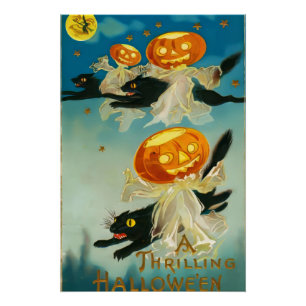 Póster Vintage Halloween Pumpkin Fantasmas e Gatos Negros