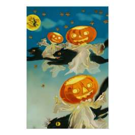 Póster Vintage Halloween Pumpkin Fantasmas e Gatos Negros