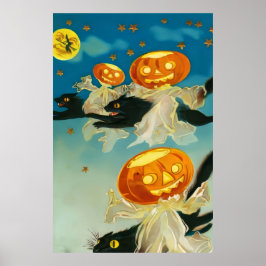 Poster Vintage Halloween Pumpkin Fantasmas e Gatos Negros