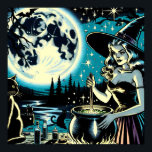 Poster Vintage Halloween Witch agitando um Caldeirão<br><div class="desc">Vintage cena de Halloween com uma bruxa mexendo um caldeirão debaixo de uma lua de cheio enquanto gatos pretos assistem.</div>