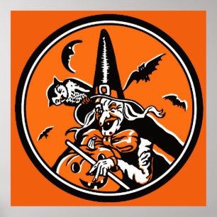 Poster Vintage Halloween Witch and Owl Illustration