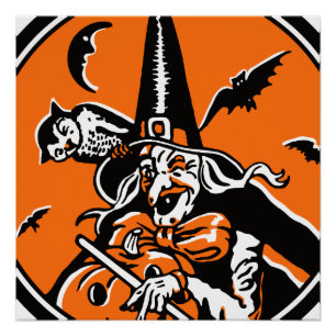Póster Vintage Halloween Witch and Owl Illustration