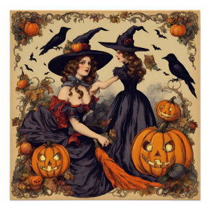Póster Vintage Halloween Witches e Jack-O-Lanterna