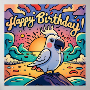 Poster Vintage Happy Birthday - Pássaro de Papagaio Color