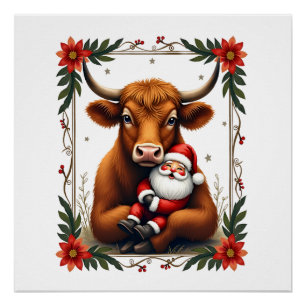 Póster Vintage Highland Cow Santa Abraço Natal Rústico Fa