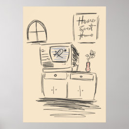 Poster Vintage Home Sweet Home TV Living Room Sketch