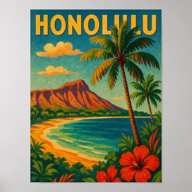 Poster Vintage Honolulu Oahu Hawaii Beach Viagem (Frente)
